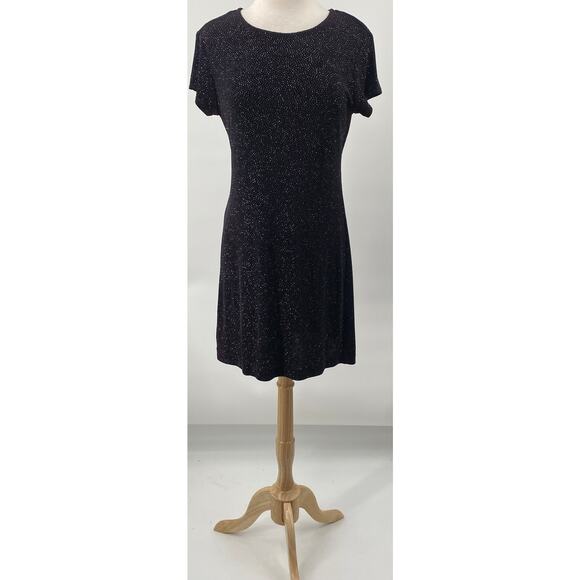Vintage 90s Betsy & Adam Mini Dress Sparkle Stretch Knit Black Silver NEW Medium - Picture 2 of 9